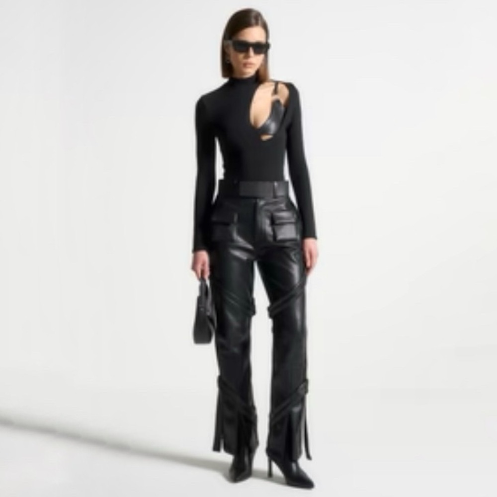 Maniere De Voir Vegan Leather Carpenter Cargo Trouser Pant Black US 2